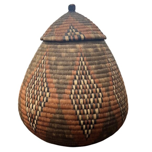 Other - South African Handwoven Basket With Lid Earth-Tones High-Quality 12" Tall